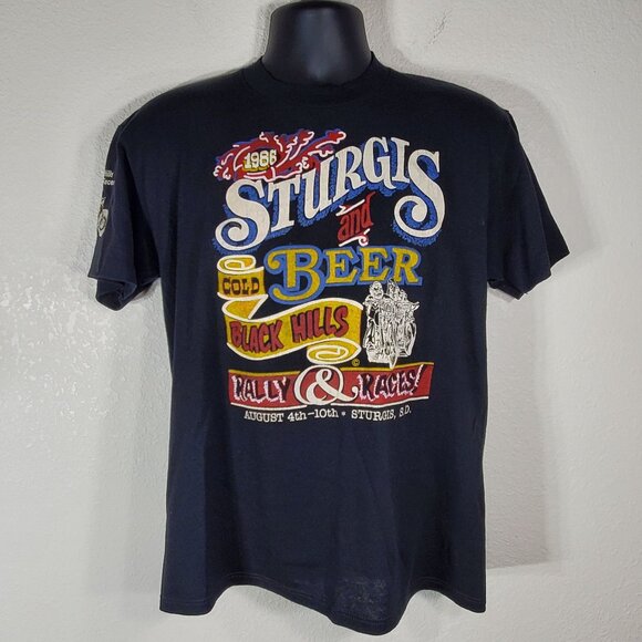 VTG 1986 Sturgis Black Hills Motorcycle Rally Races Black Graphic T-Shirt Large - Picture 1 of 9